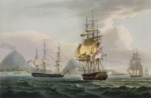 Bandan saaren vangitseminen, 9. elokuuta 1810, kaivertanut Thomas Sutherland J. Jenkinsin teokseen "Naval Achievements", 1816 (värikaiverrus)